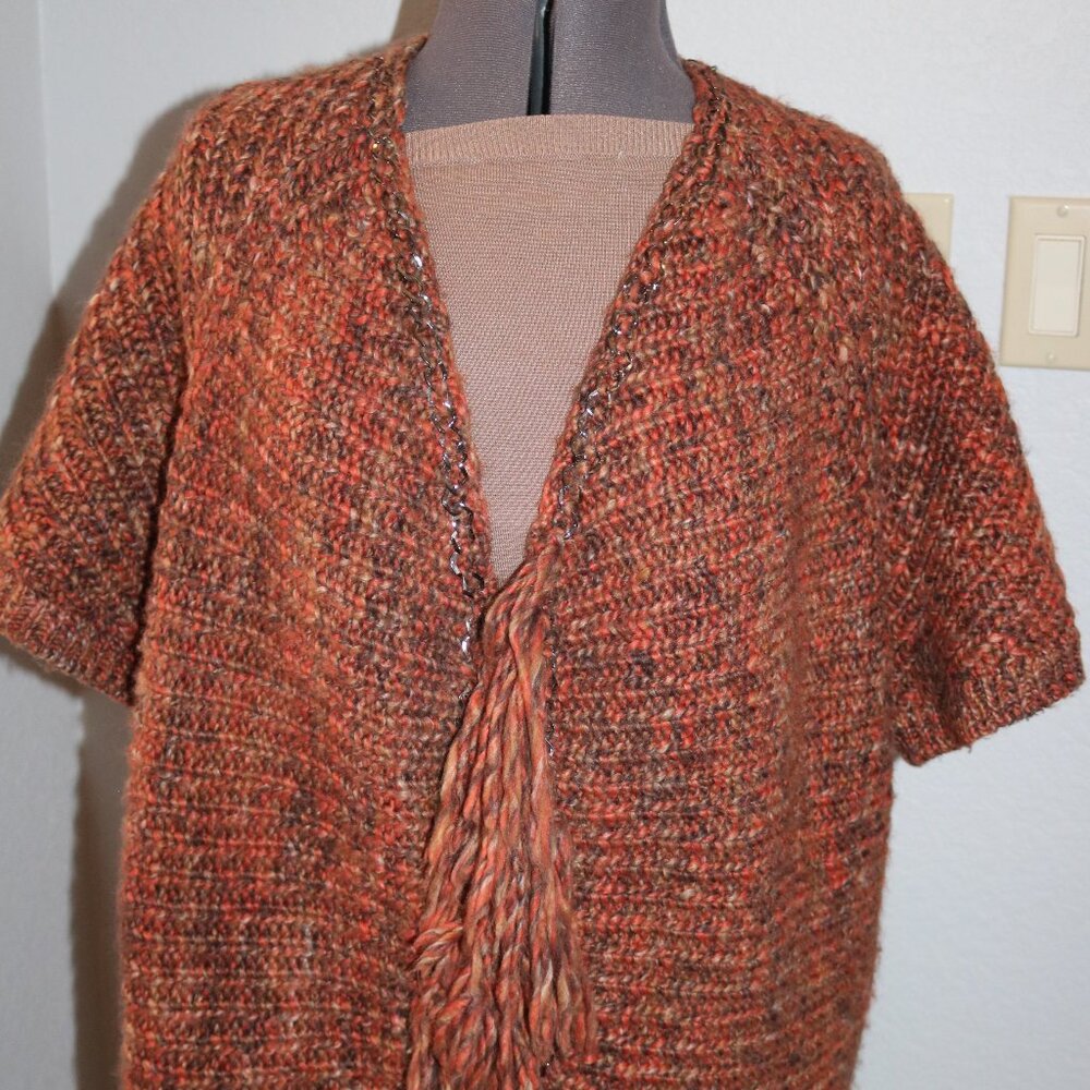 Chico's Knit Crochet Fringe Boho Sweater Open Front Cardigan Size 2/L Wool Blend